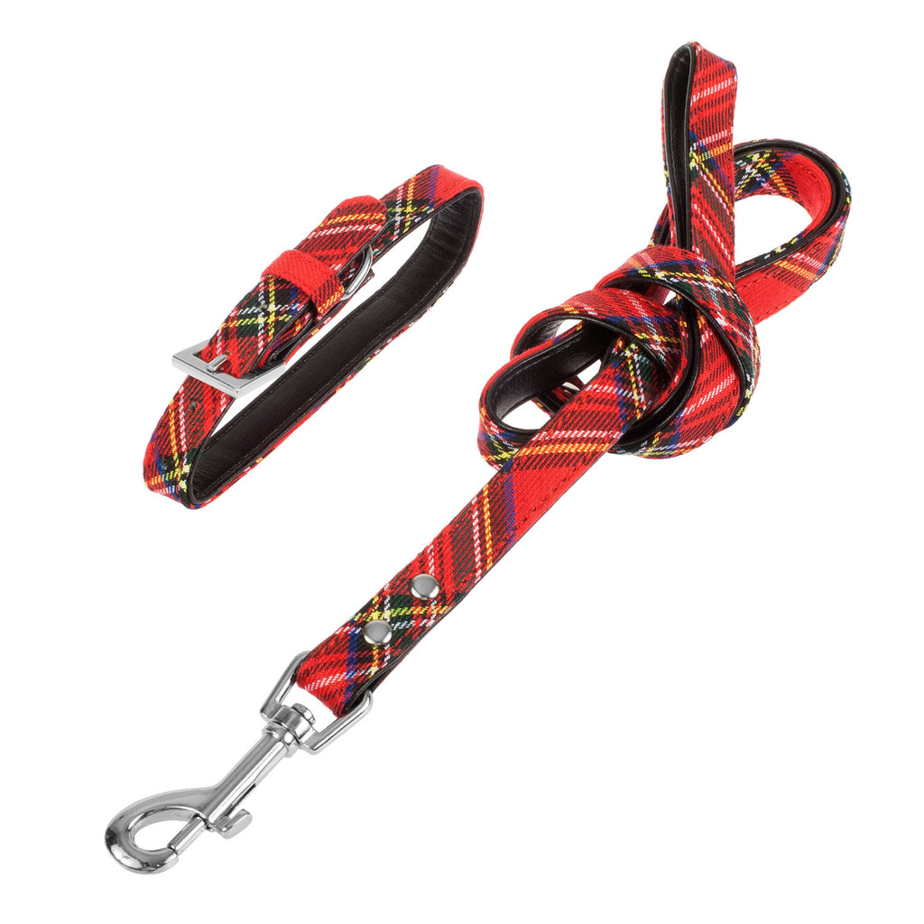 Dog Collar And Lead Set Tartan Bw - Size M Stewart Royal