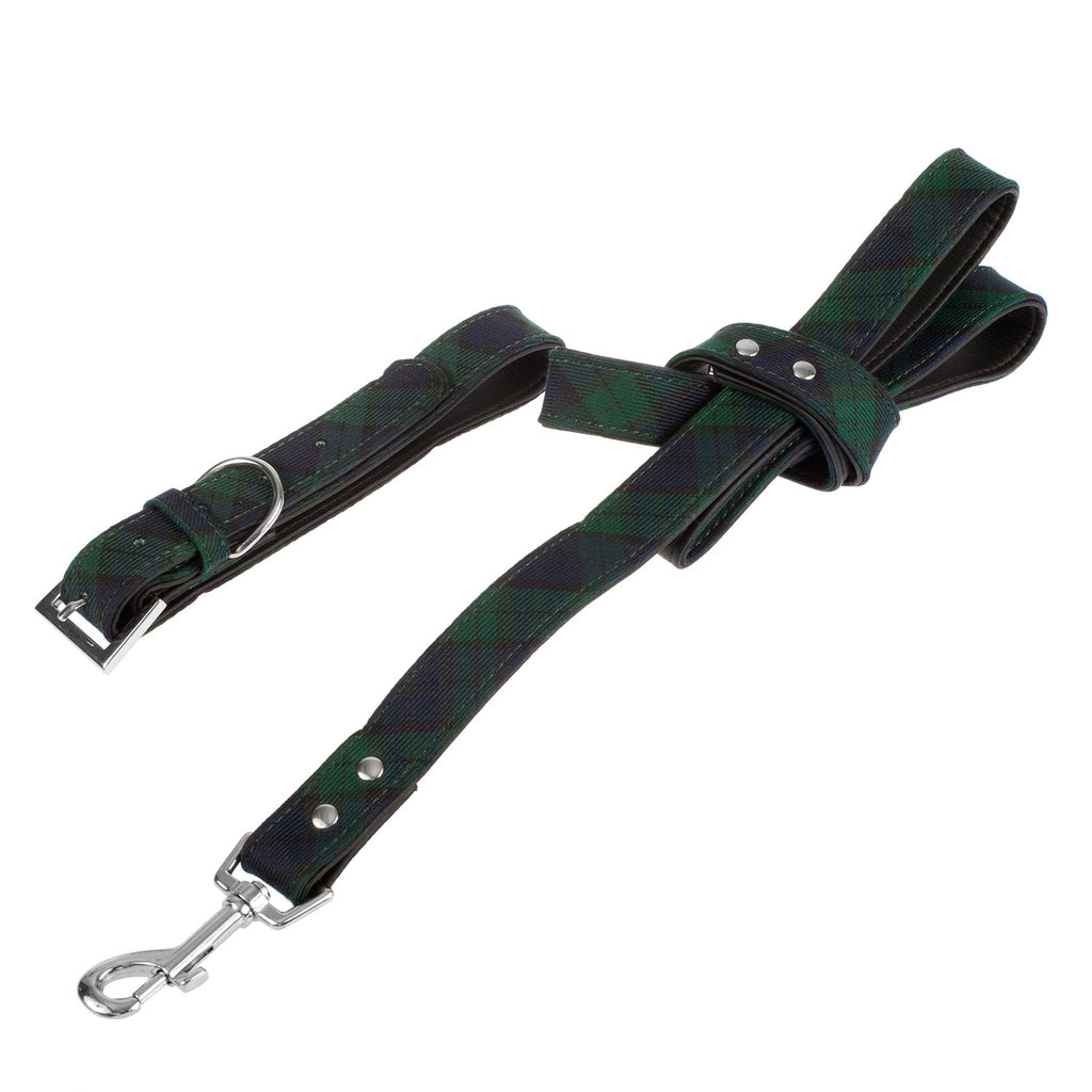 Dog Collar And Lead Set Tartan Bw - Size M Black Watch