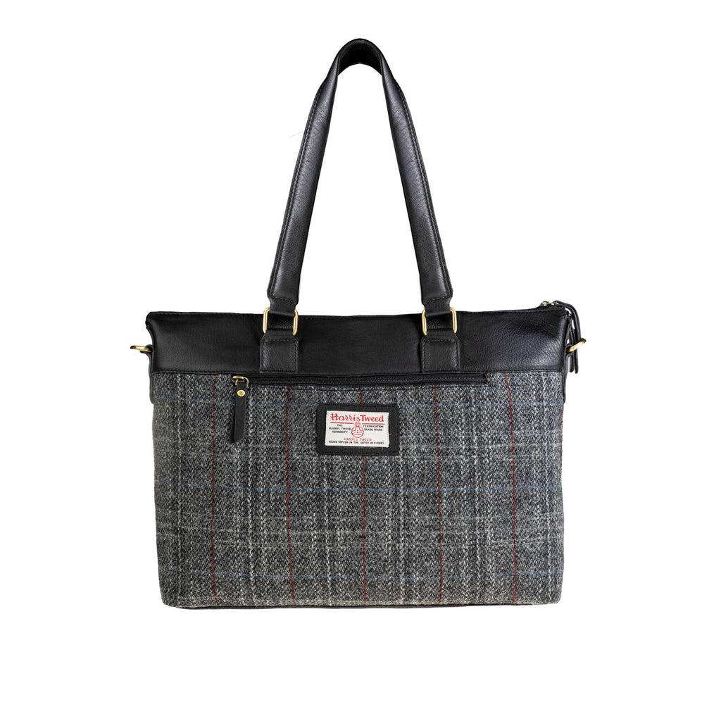 Ht Leather Ladies Hand Bag Grey & Red Check / Black