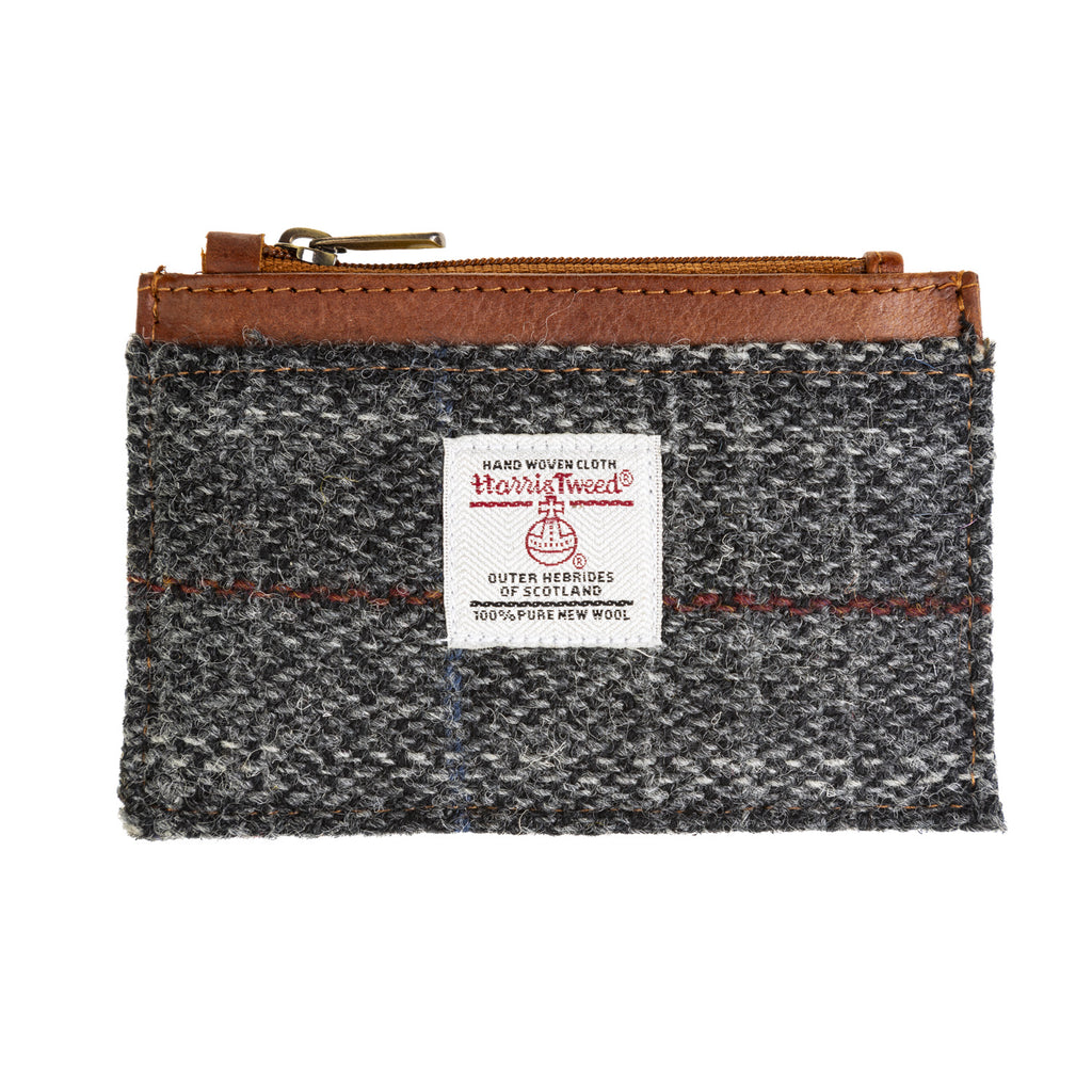 Ht Leather Coin Purse With Card Holder Grey & Red Check / Tan