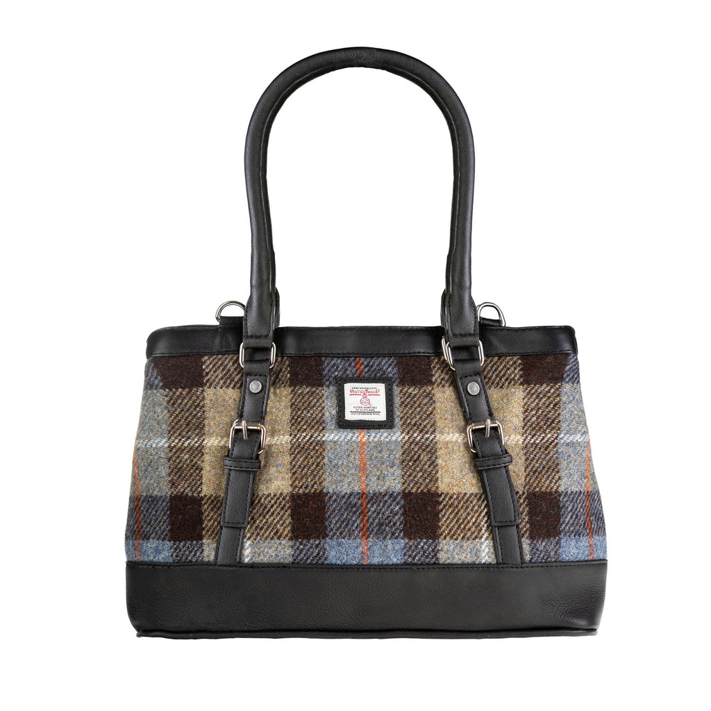 Ladies Ht Leather Hand Bag Blue & Brown Check / Black
