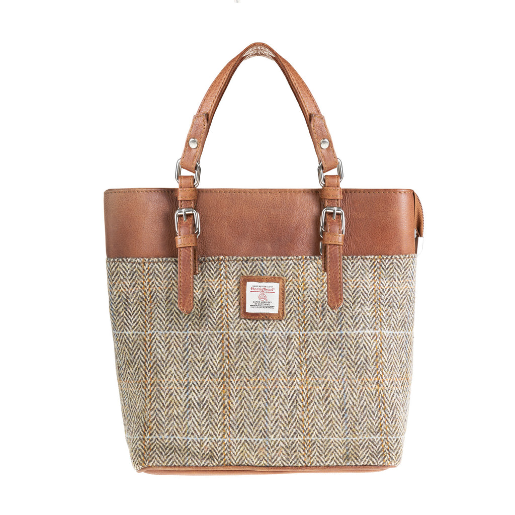 Ladies Ht Leather Hand Bag Tan & Brown Herringbone / Tan
