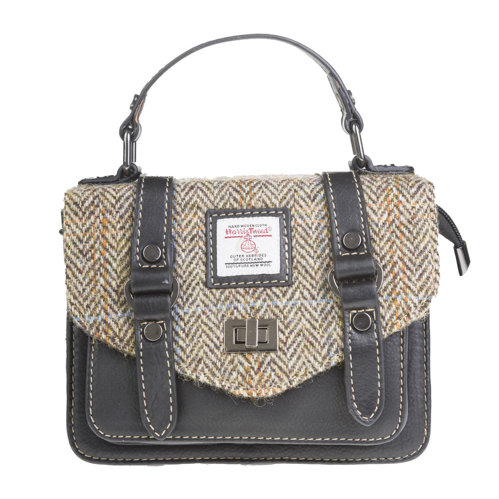 Ladies Ht Leather Mini Satchel Tan & Brown Herringbone / Black