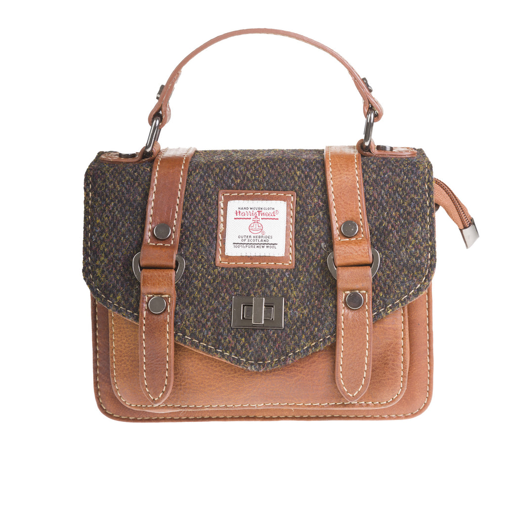 Ladies Ht Leather Mini Satchel Dark Brown Barleycorn / Tan