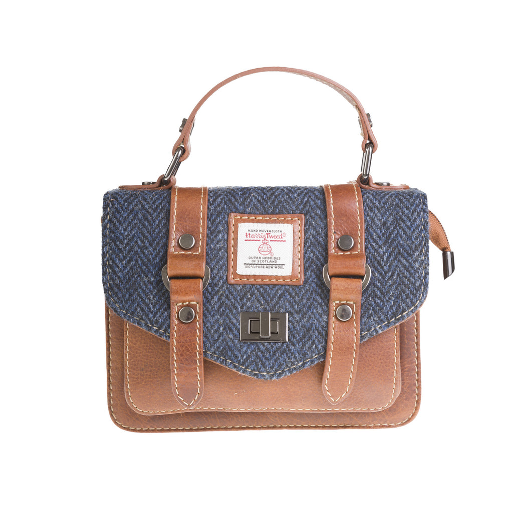 Ladies Ht Leather Mini Satchel Navy Blue Herringbone / Tan