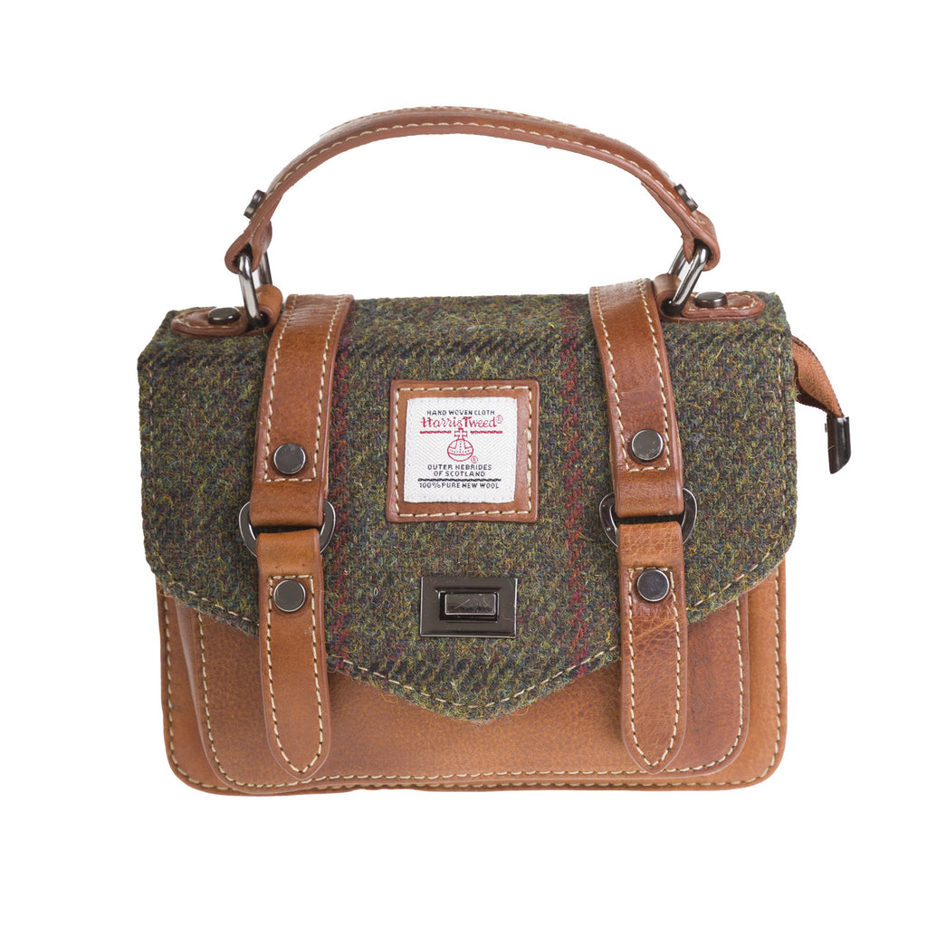 Ladies Ht Leather Mini Satchel Dark Green Check / Tan