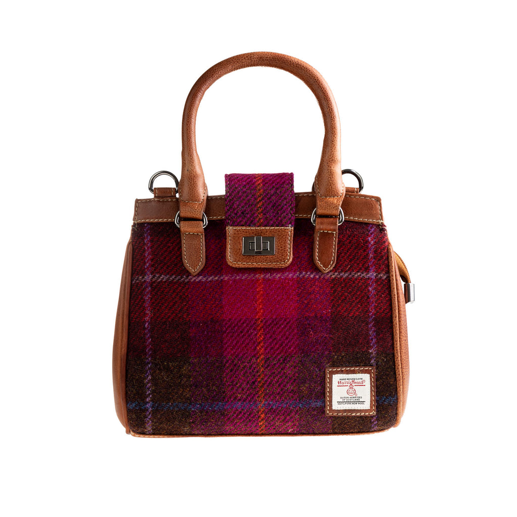 Ht Leather Hand Bag With Flap Closer Cerise Check / Tan