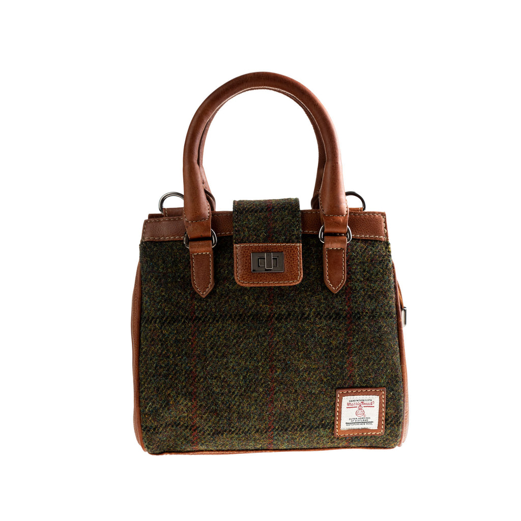 Ht Leather Hand Bag With Flap Closer Dark Green Check / Tan