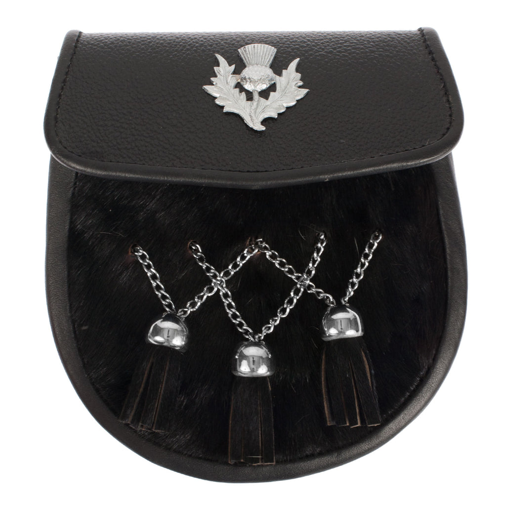 Half Dress Cross Chain Sporran, Thistle, Chrome Cow Hide (Black)
