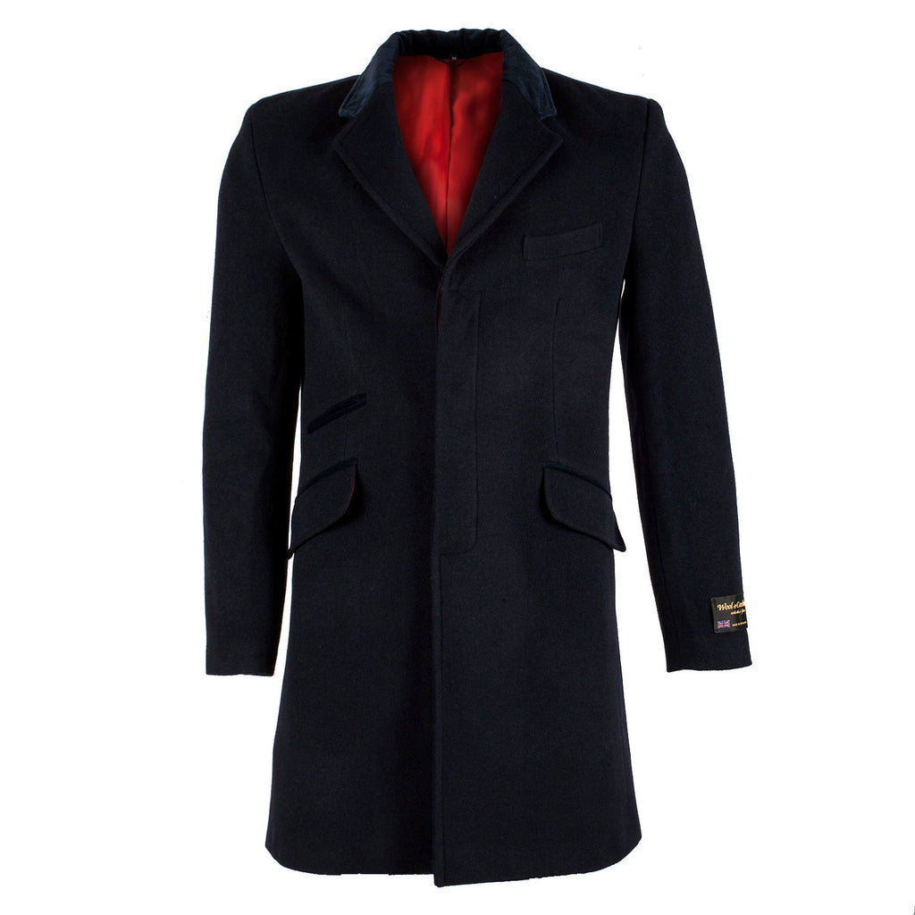 Men's Cashmere Wool Blend Plain Coat Navy