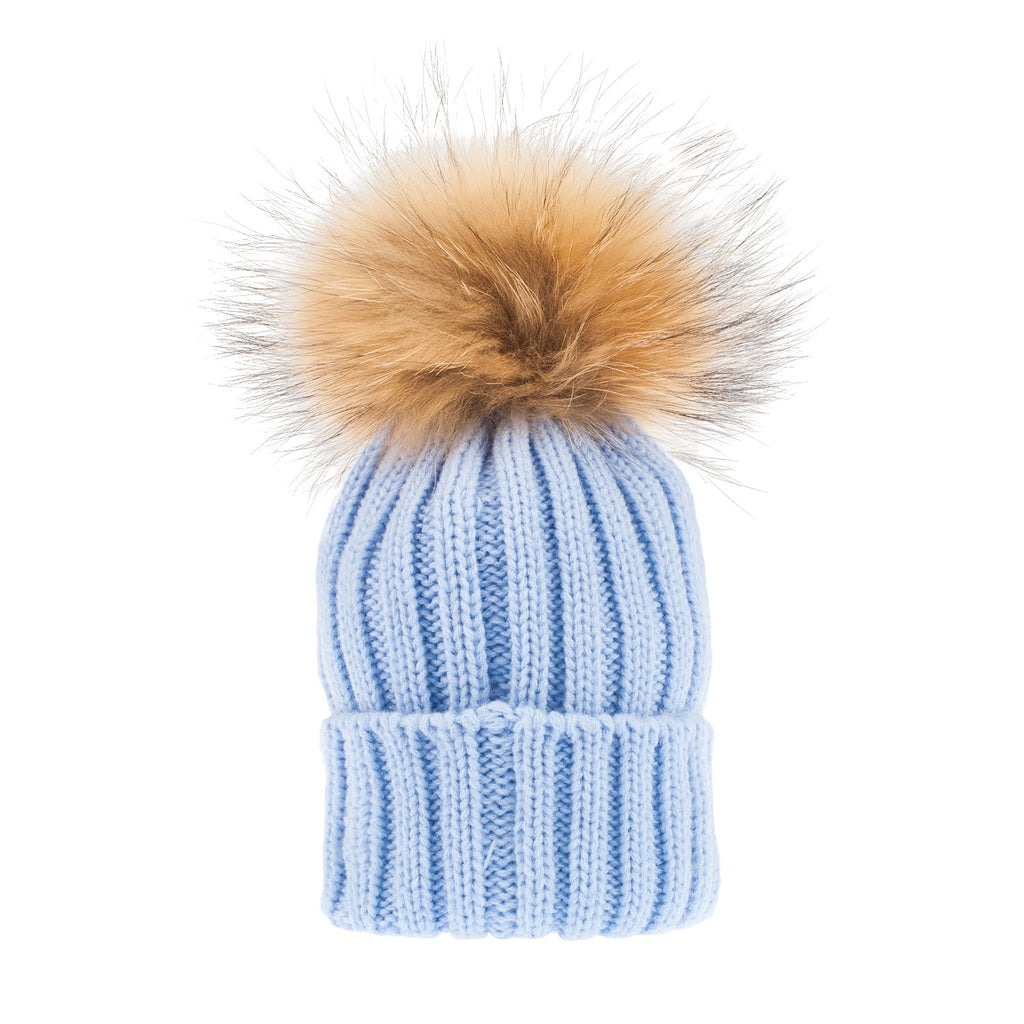 Rib Kids Pom Pom Hat Baby Blue/Natural