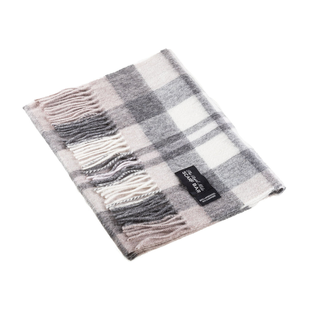 Chequer Tartan 90/10 Cashmere Scarf Bar Exploded Natural