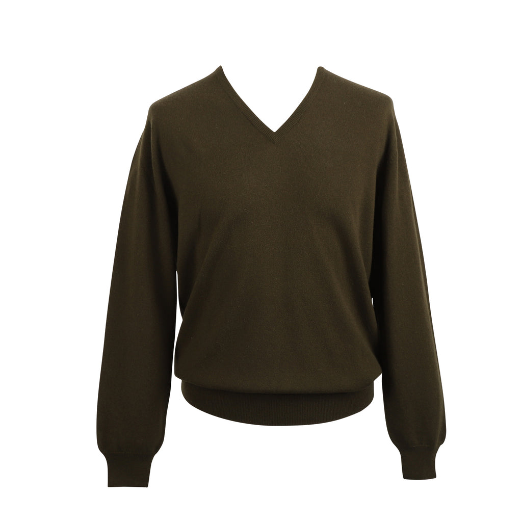 Men's 100% Cashmere V-Neck Jumper John Laing Military Green