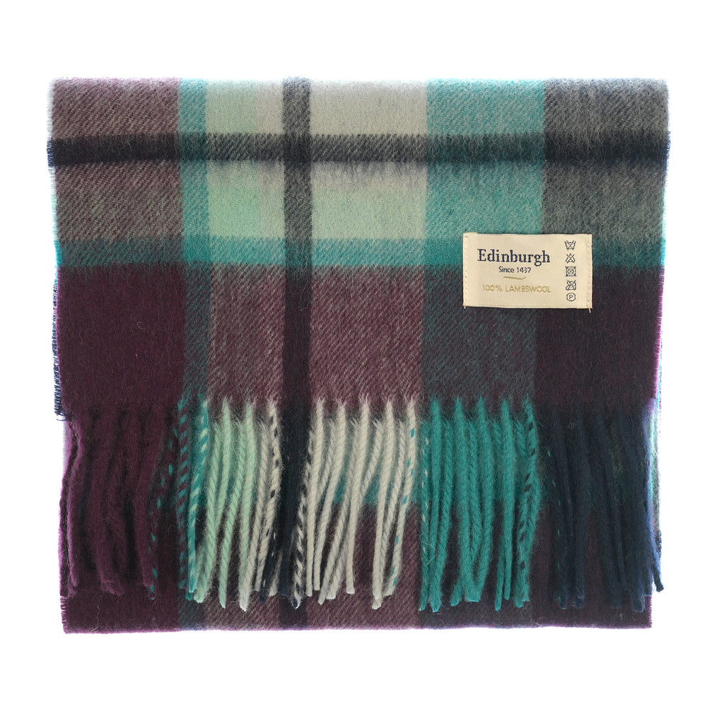 Edinburgh 100% Lambswool Tartan Scarf Myriad Check - Aqua/Navy/Bordeaux