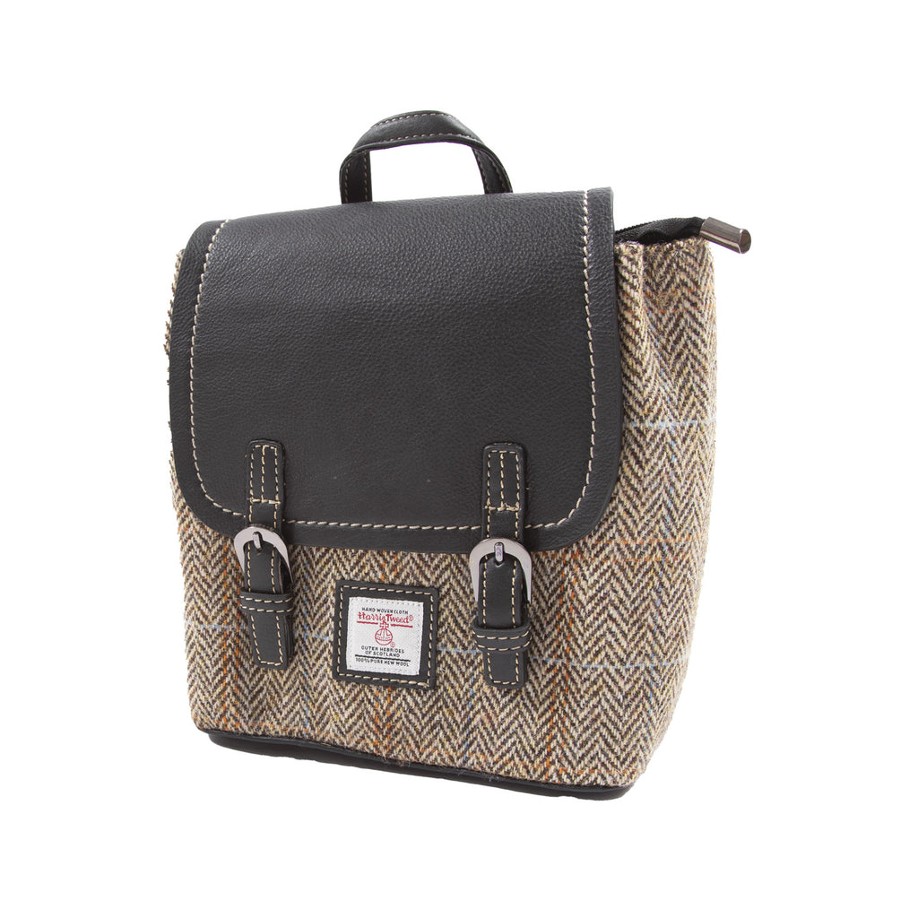 Ladies Ht Small Leather Backpack Black White Herringbone Tan