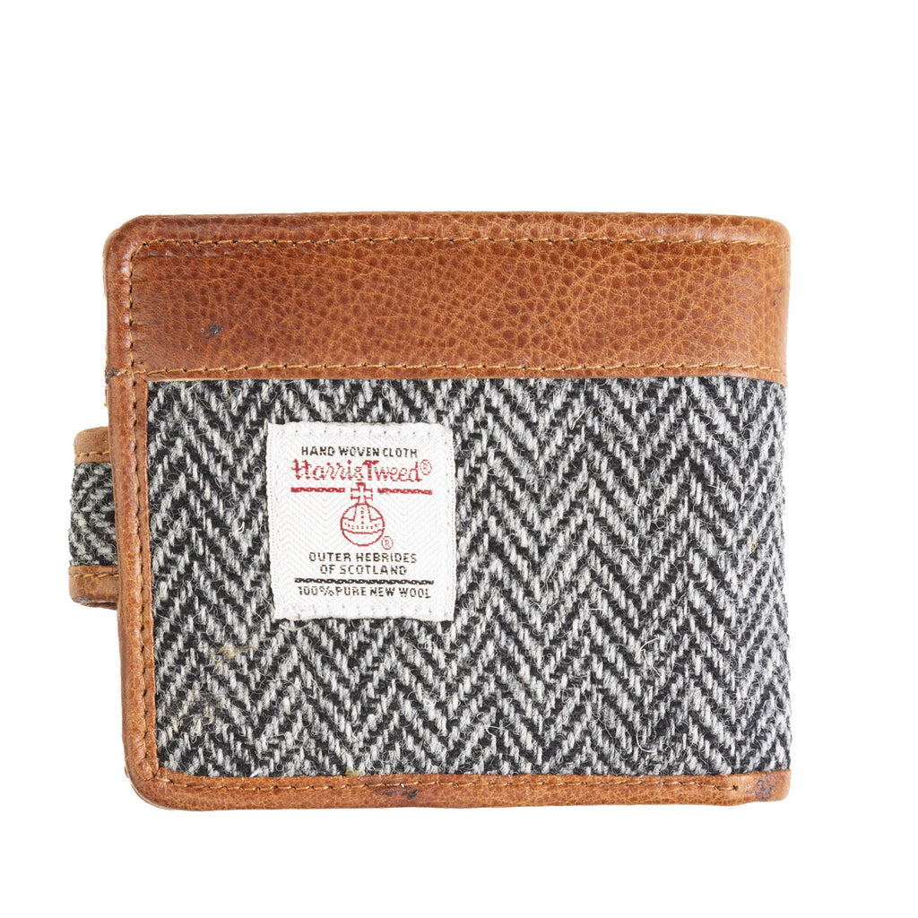 Mens Ht Leather Wallet With Loop Closer Black & White Herringbone / Tan