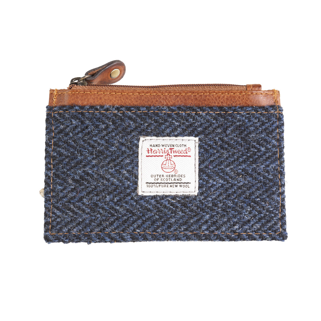 Ht Leather Coin Purse With Card Holder Navy Blue Herringbone / Tan