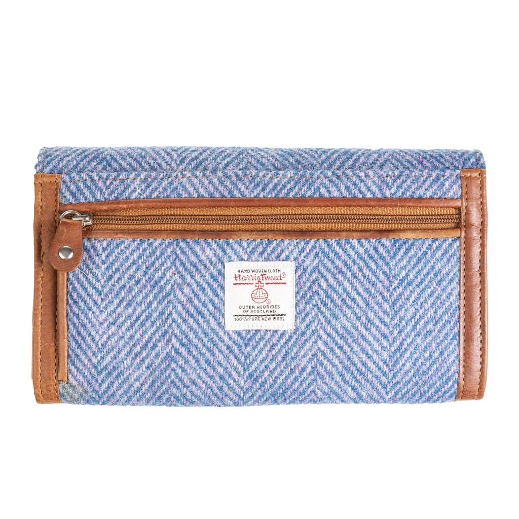 Ladies Ht Leather Long Purse Blue & Pink Herringbone / Tan