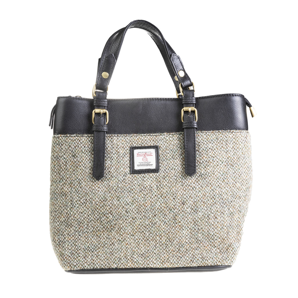 Ladies Ht Leather Hand Bag Green & White Barleycorn / Black