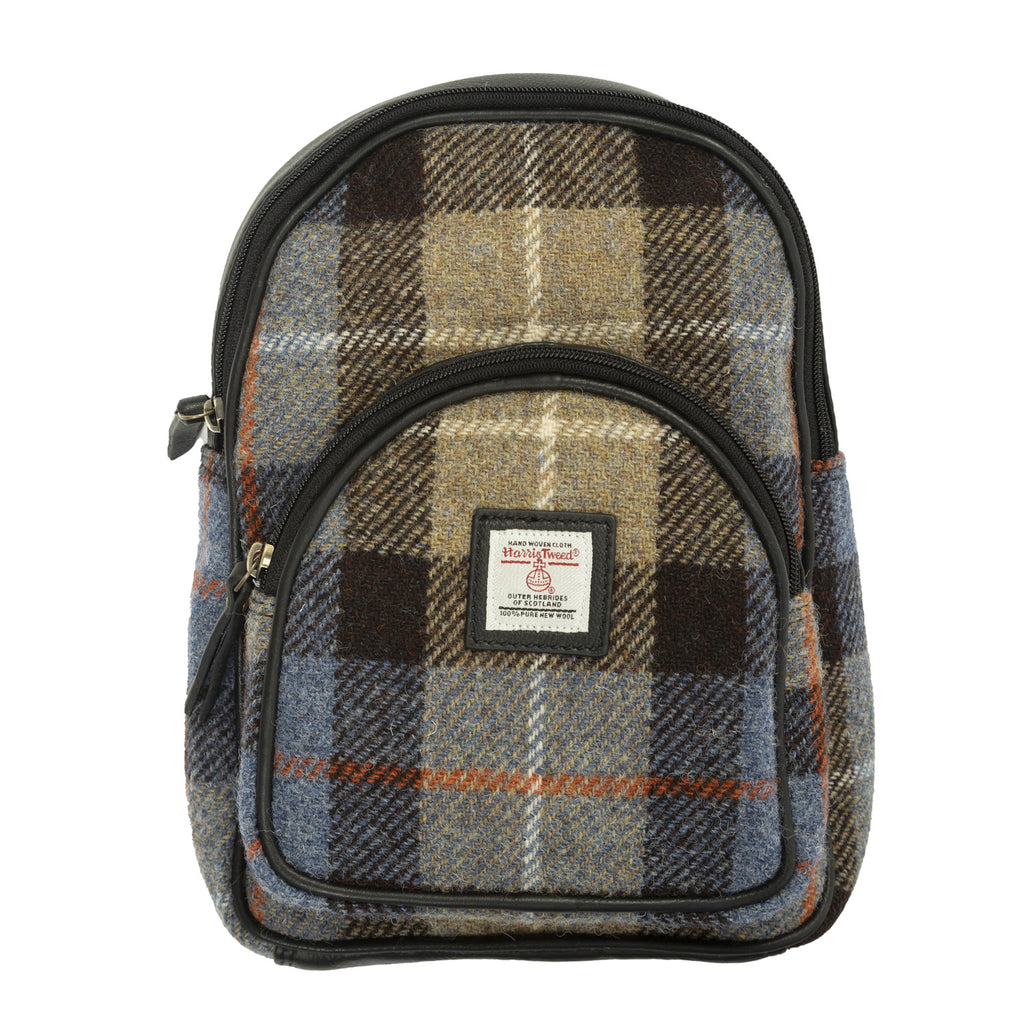 Ladies Ht Leather Zipped Backpack Blue & Brown Check / Black
