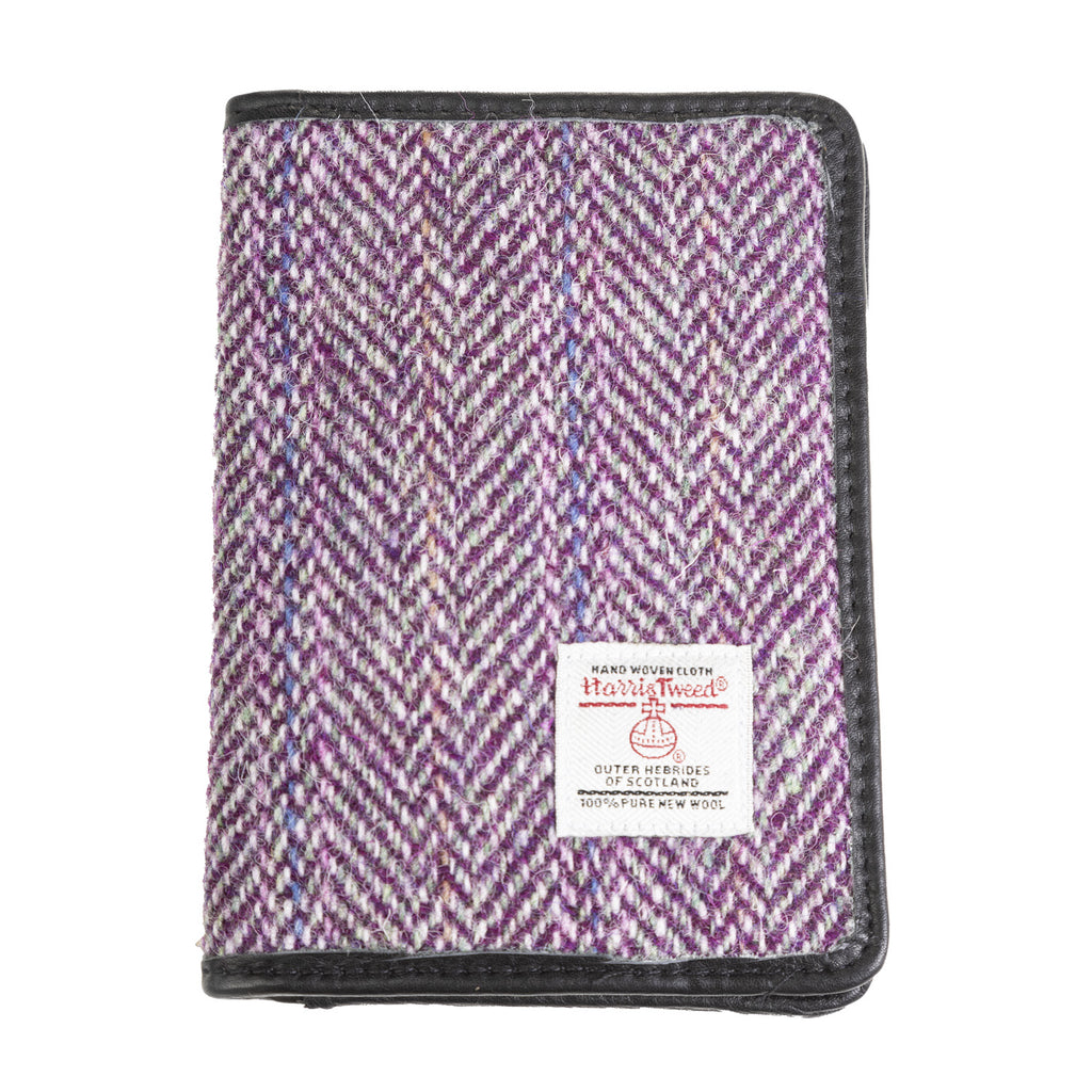 Harris Tweed Leather Passport Cover Plum Herringbone / Black