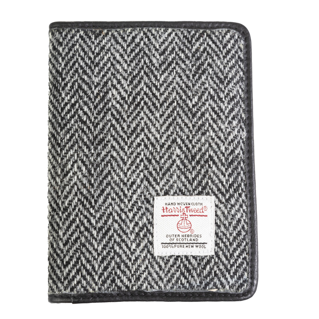 Harris Tweed Leather Passport Cover Black & White Herringbone / Black