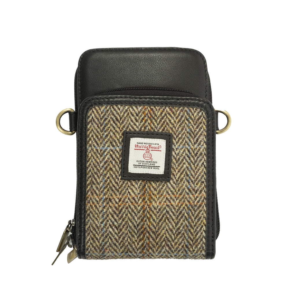 Ht Travel Cross Body Bag Tan & Brown Herringbone / Black
