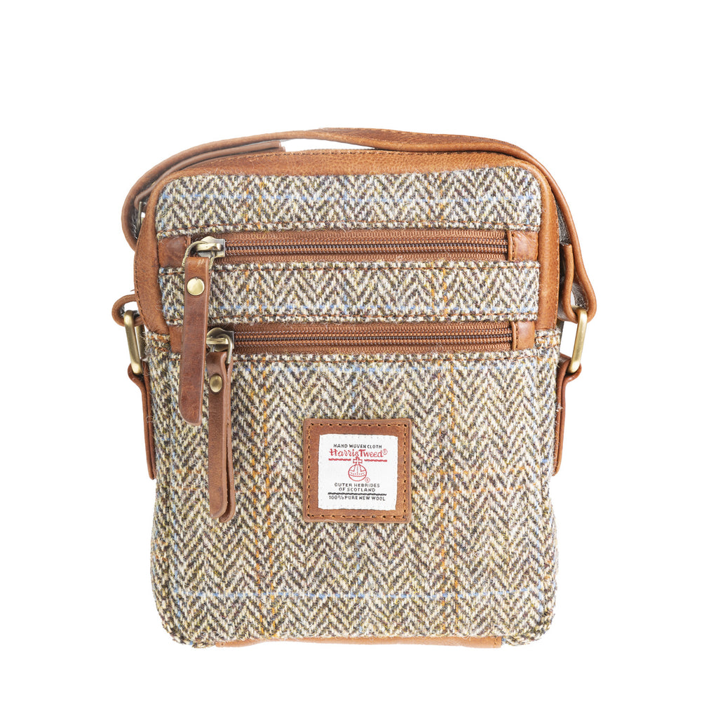 Ht Leather Small Ladies Cross Body Bag Tan & Brown Herringbone / Tan