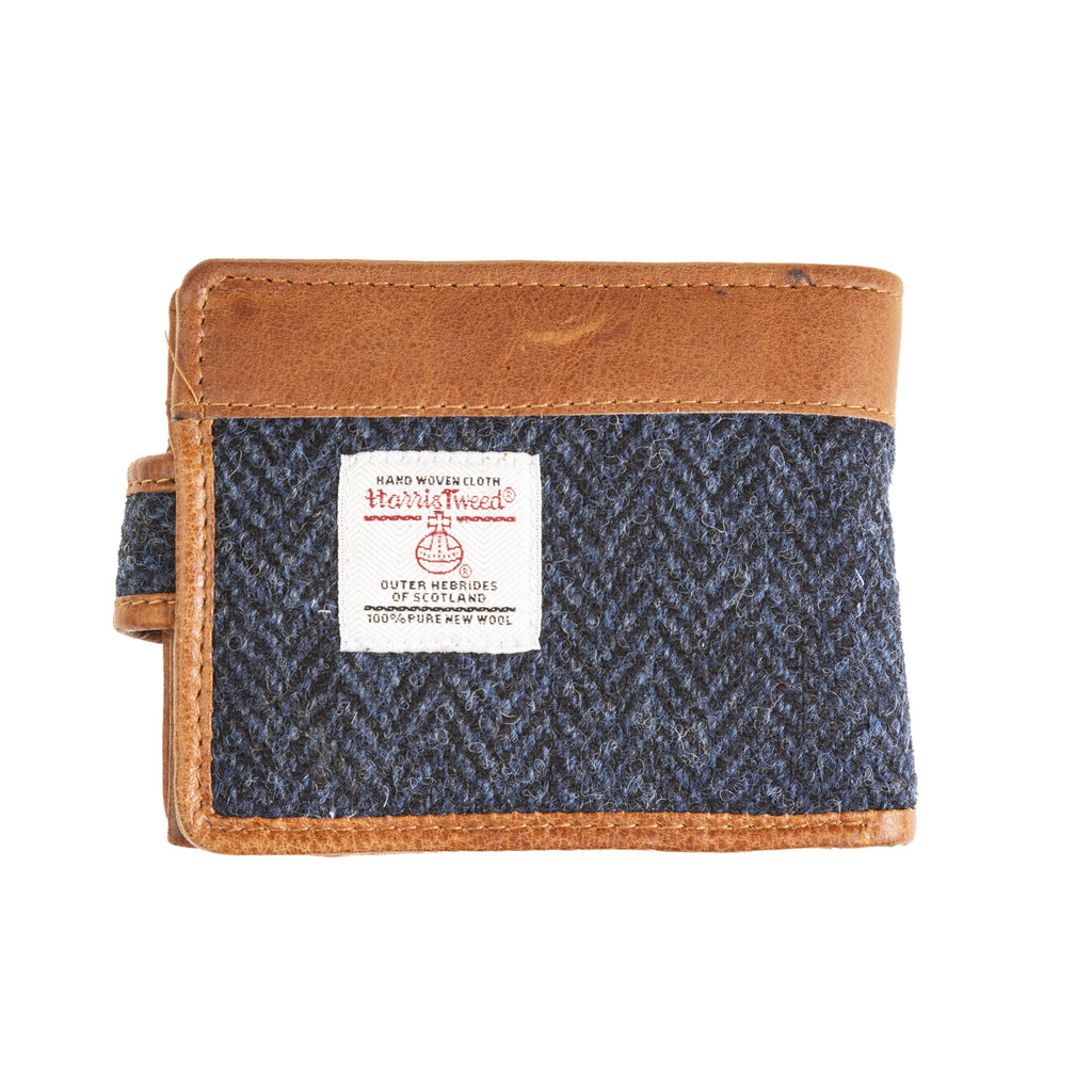 Mens Ht Leather Wallet With Loop Closer Navy Blue Herringbone / Tan