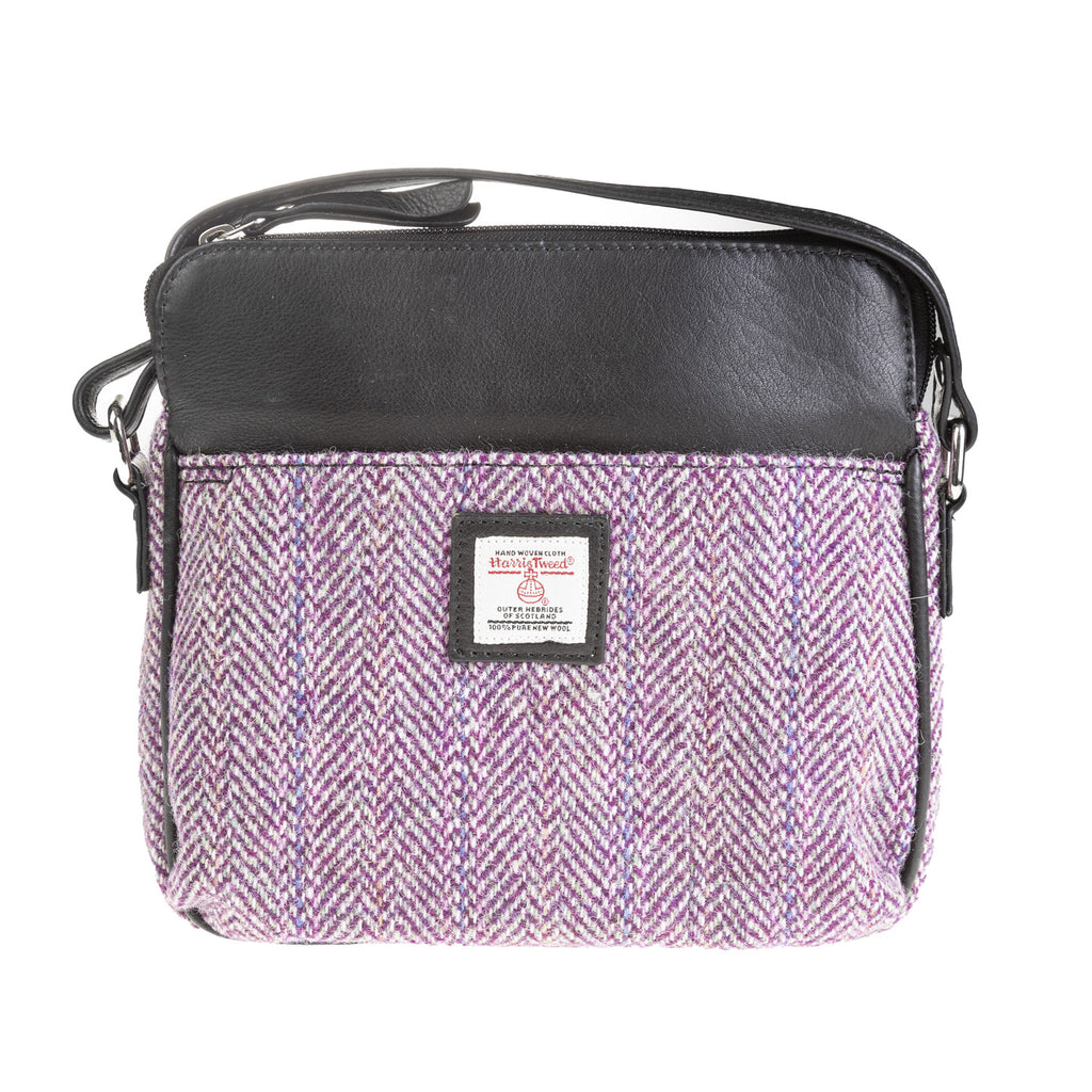 Ladies Ht Leather Cross Body Bag Plum Herringbone / Black