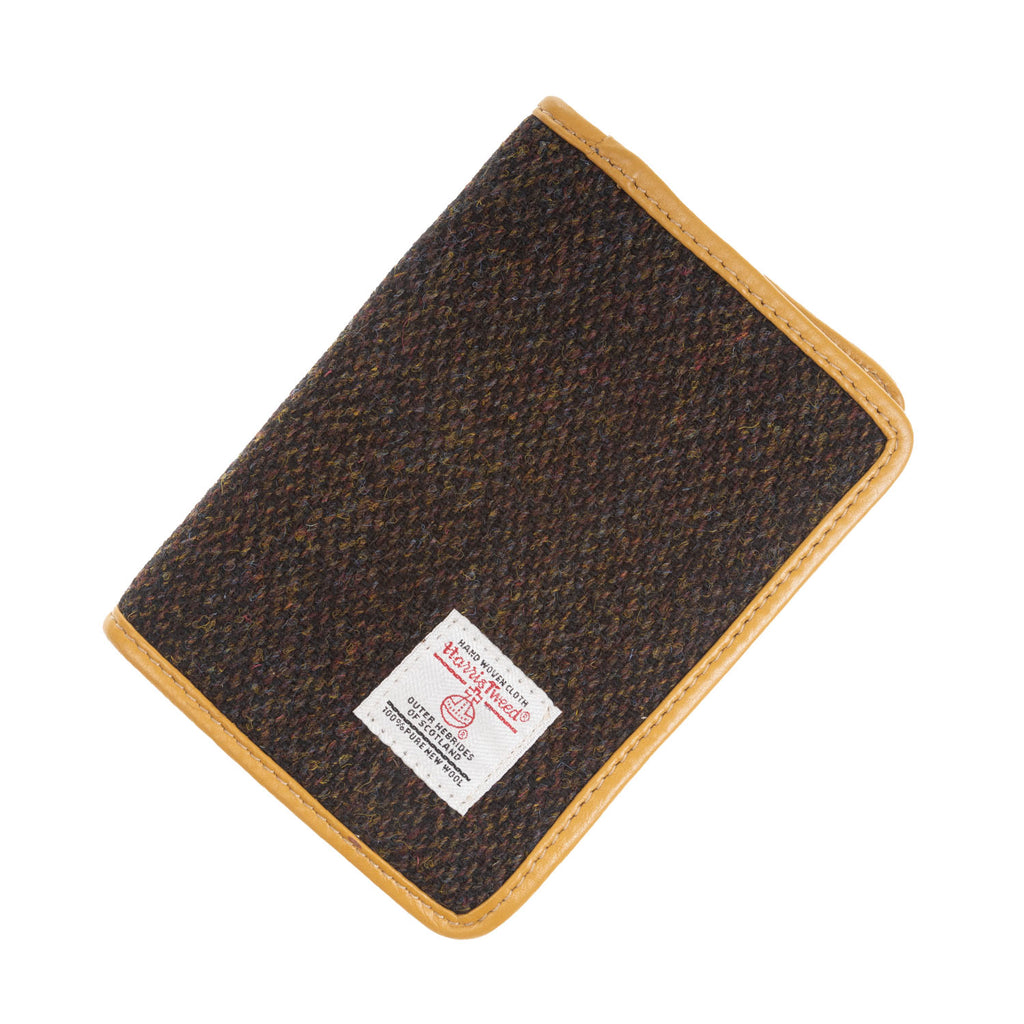 Harris Tweed Leather Passport Cover Dark Brown Barleycorn / Yellow