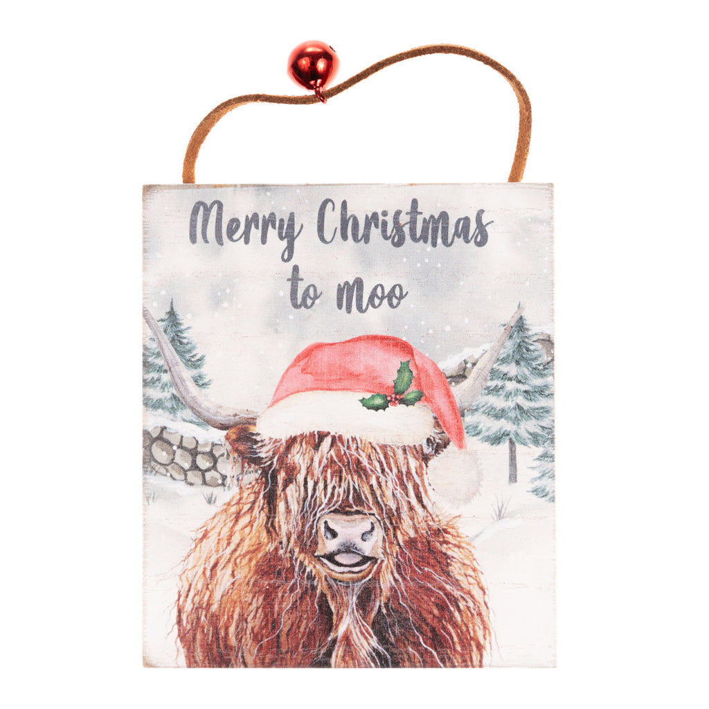 Xmas H/Cow Plaque Wooden With Red Bell