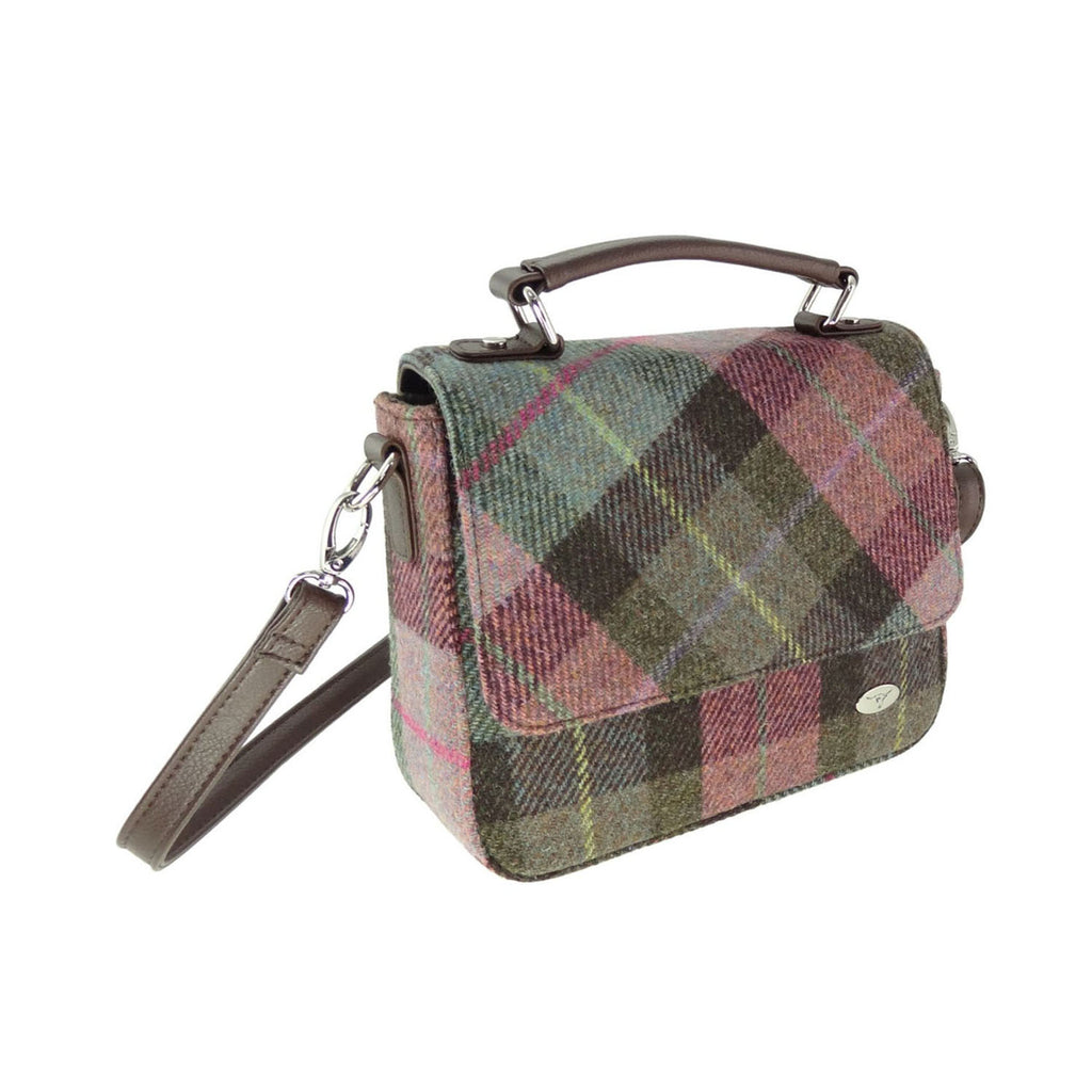Harris Tweed 'Thurso' Square Bag Muted Green & Rose Pink Tartan