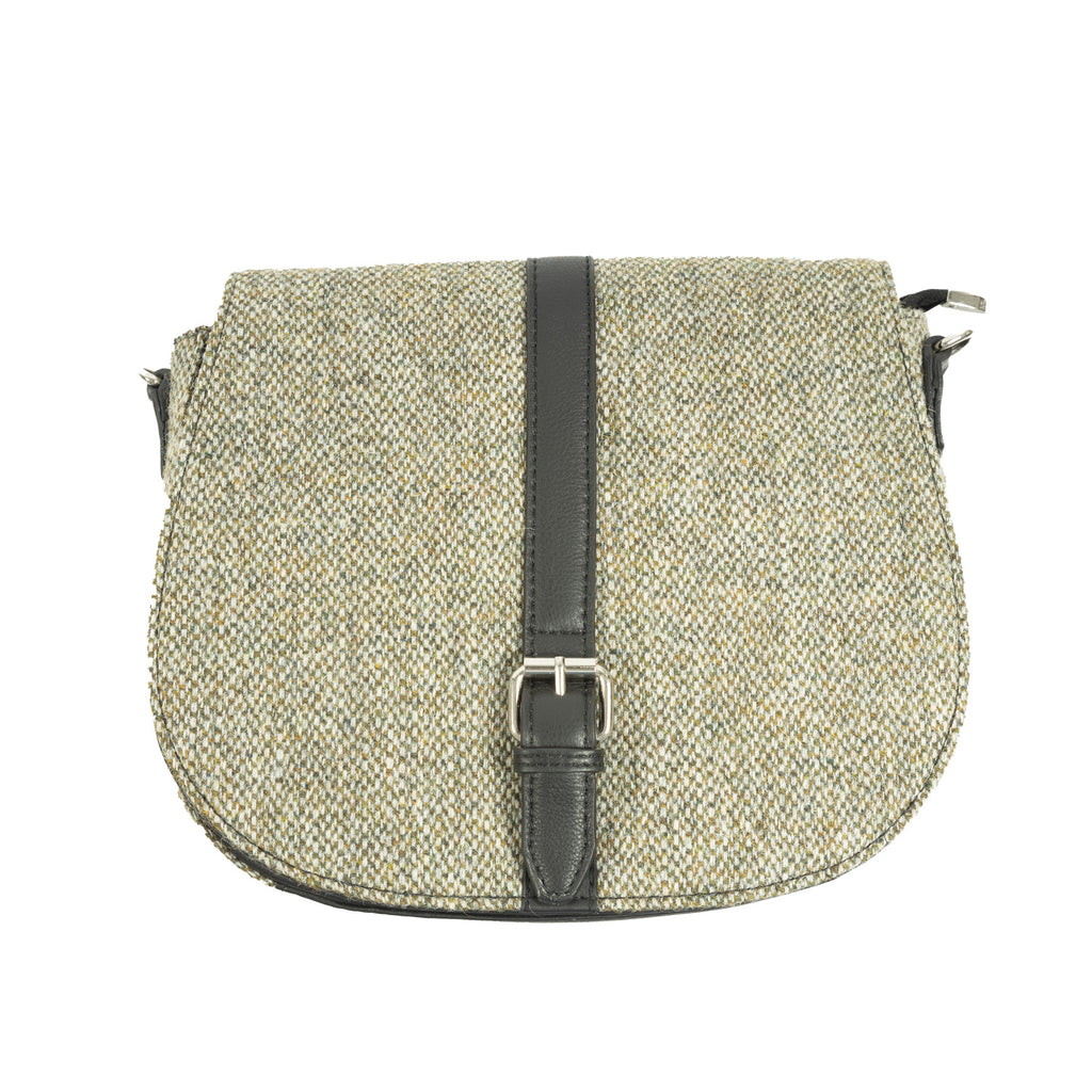Ladies Ht Leather Flap Over Bag Green & White Barleycorn / Black