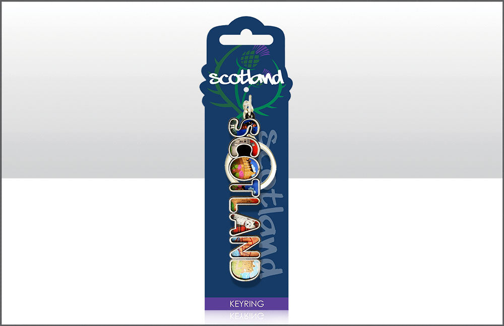 Scotland Montage Lettering Wood Keyring