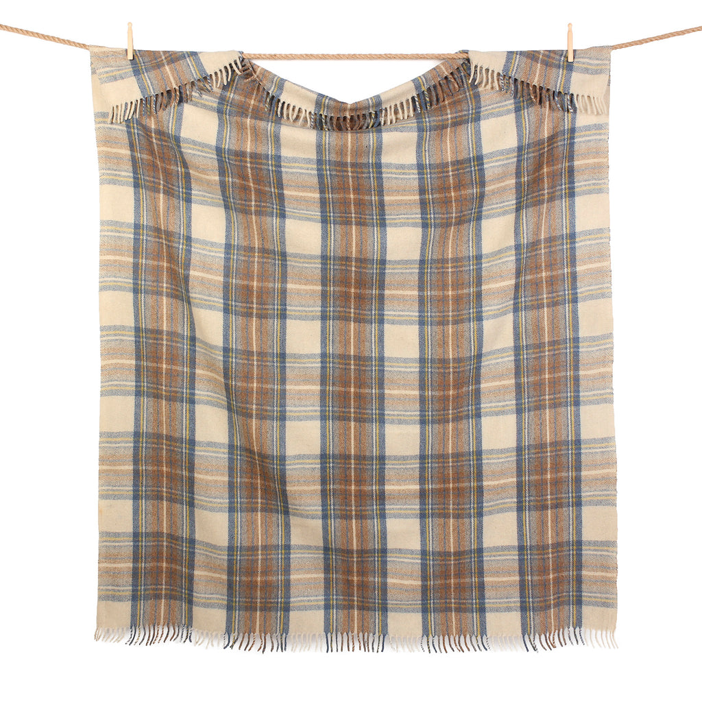 Recycled Wool Tartan Blanket Throw Stewart Muted Blue