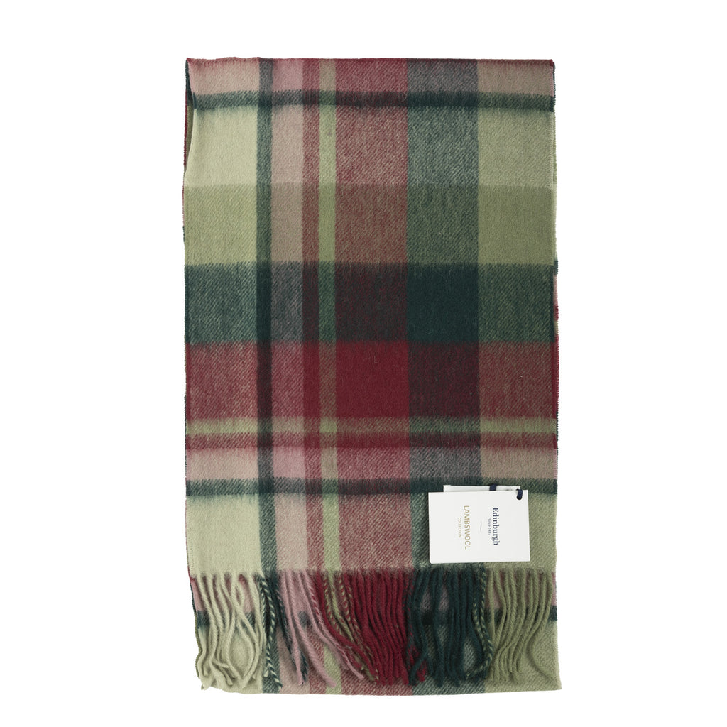Edinburgh 100% Lambswool Tartan Scarf Myriad Check - Khaki/Bordeaux