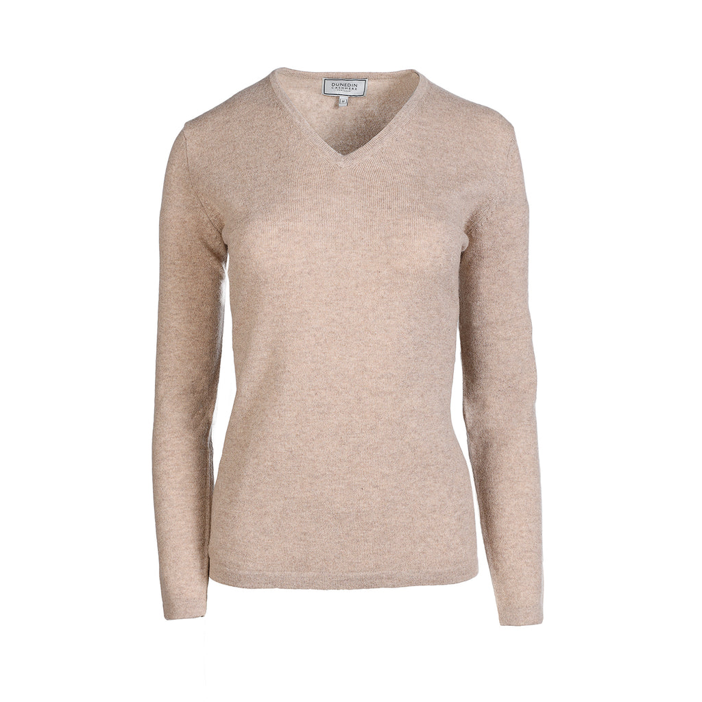 100% Cashmere Ladies V Neck Jumper Ludlow Natural
