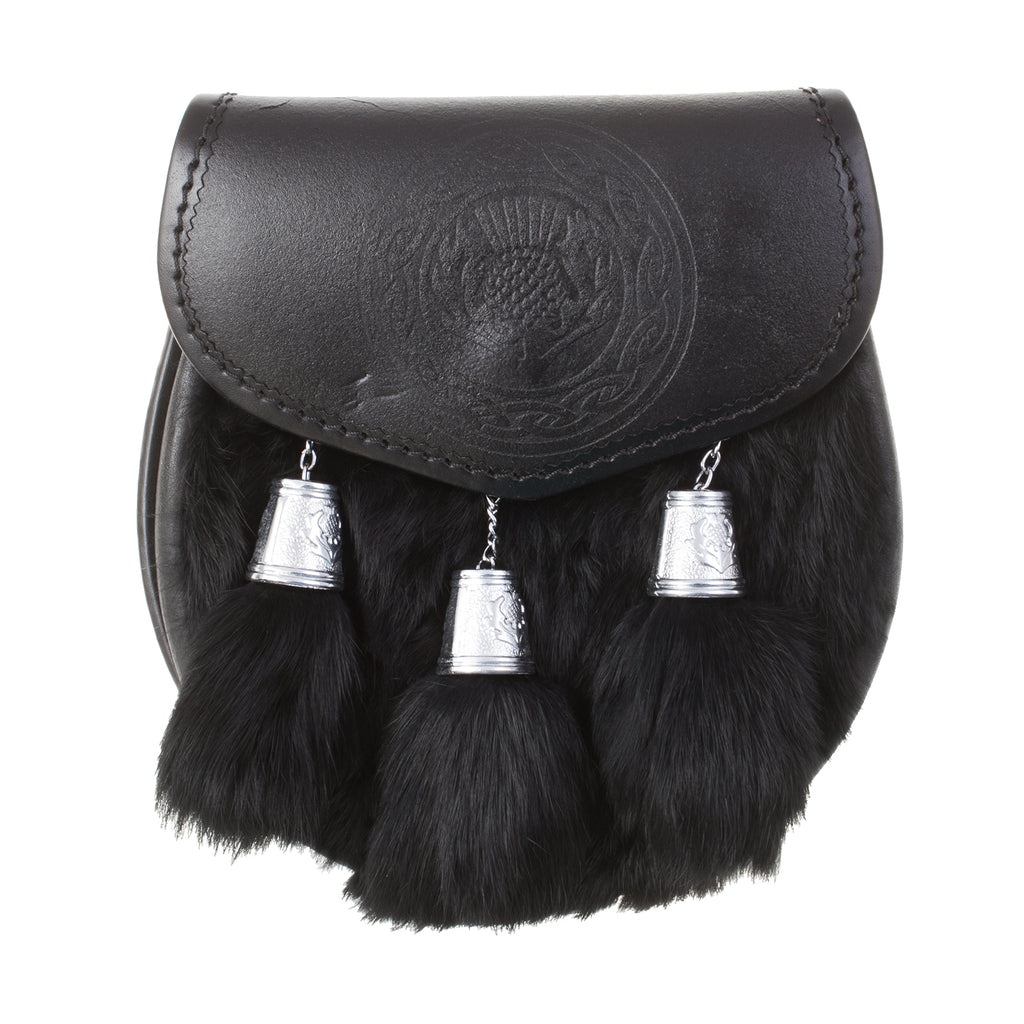 Half Dress Sporran Embossed Thistle With Celtic Circle, Chrome Rabbit Fur