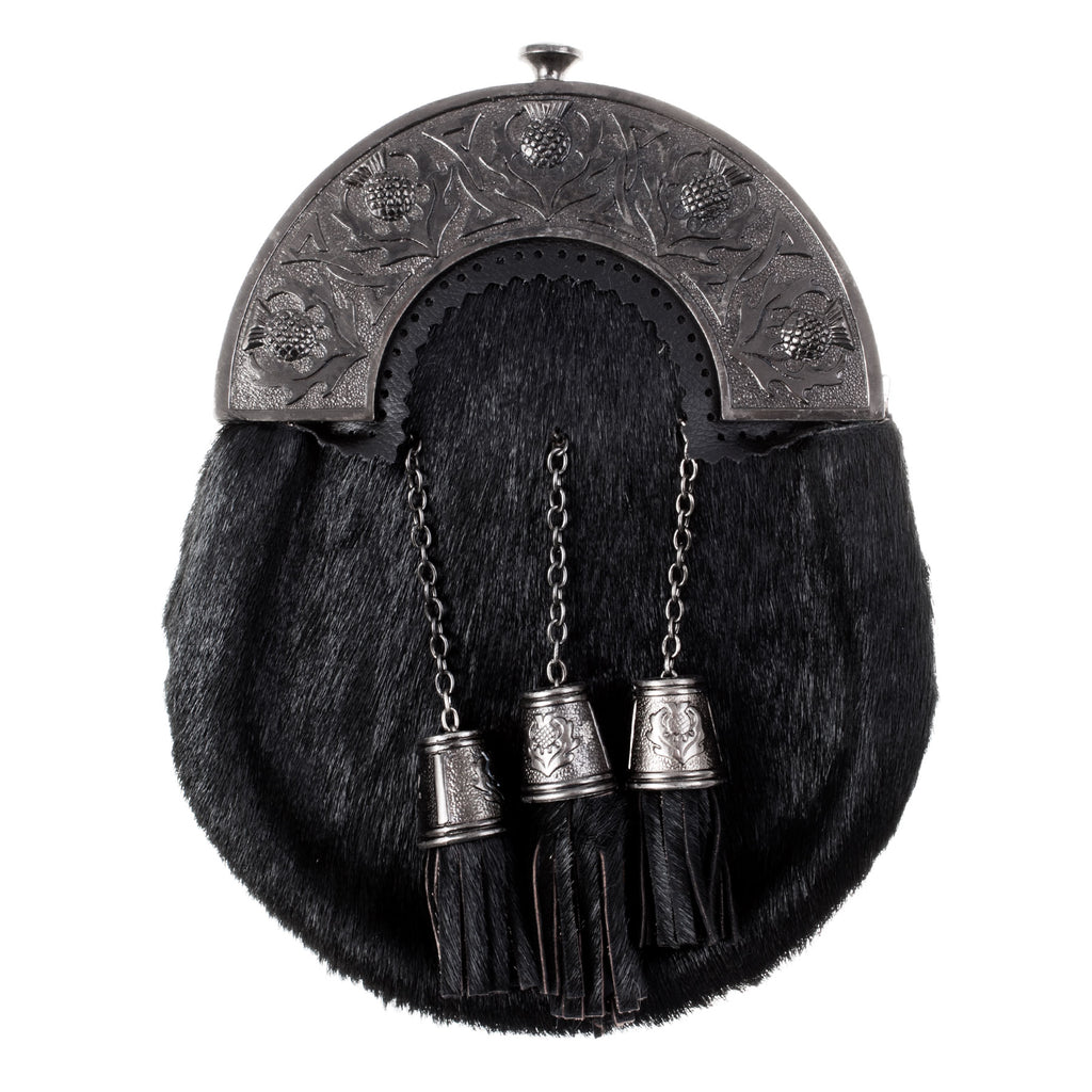Full Dress Sporran 5 Thistle Cantle, Black Finish Goat Hide (Black) / Black Finish