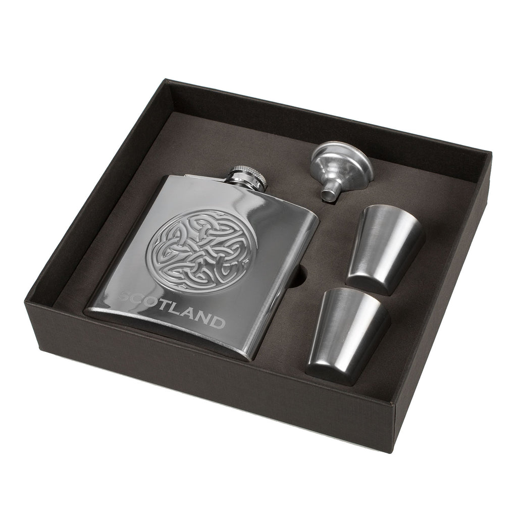 Celtic Embossed 6Oz Flask With Funnel And 2 Shot Glasses
