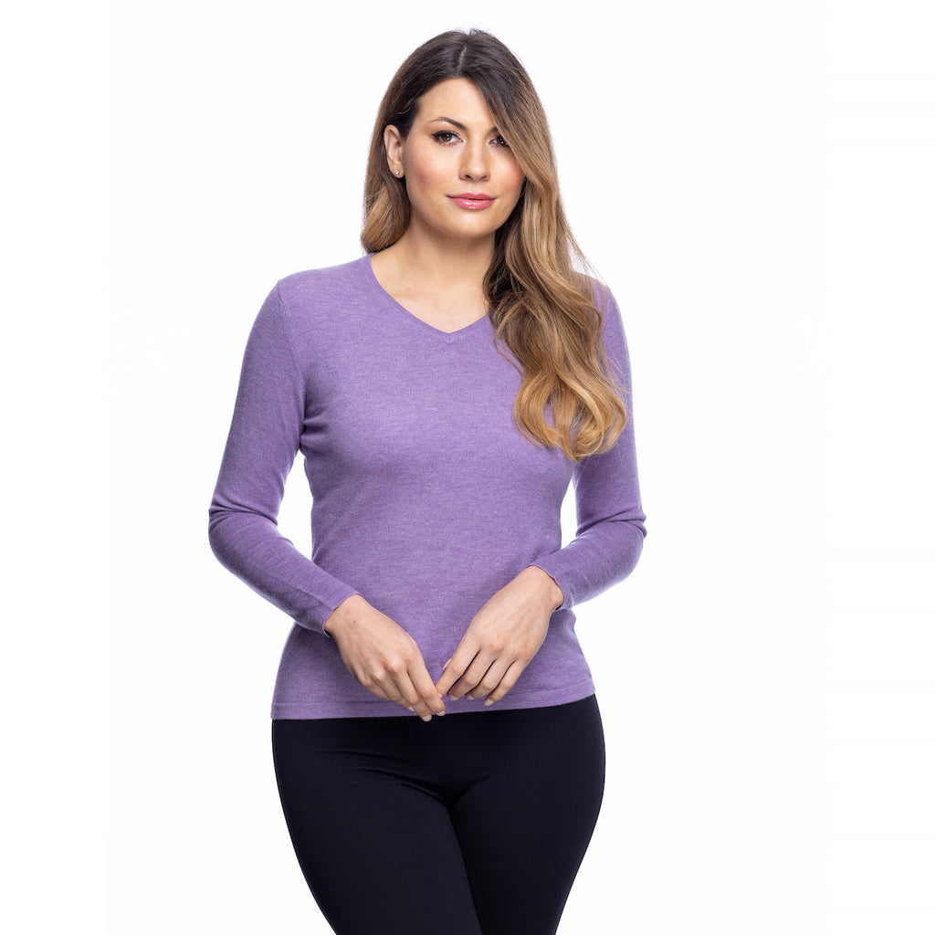 Ladies Merino Wool V Neck Jumper Heather