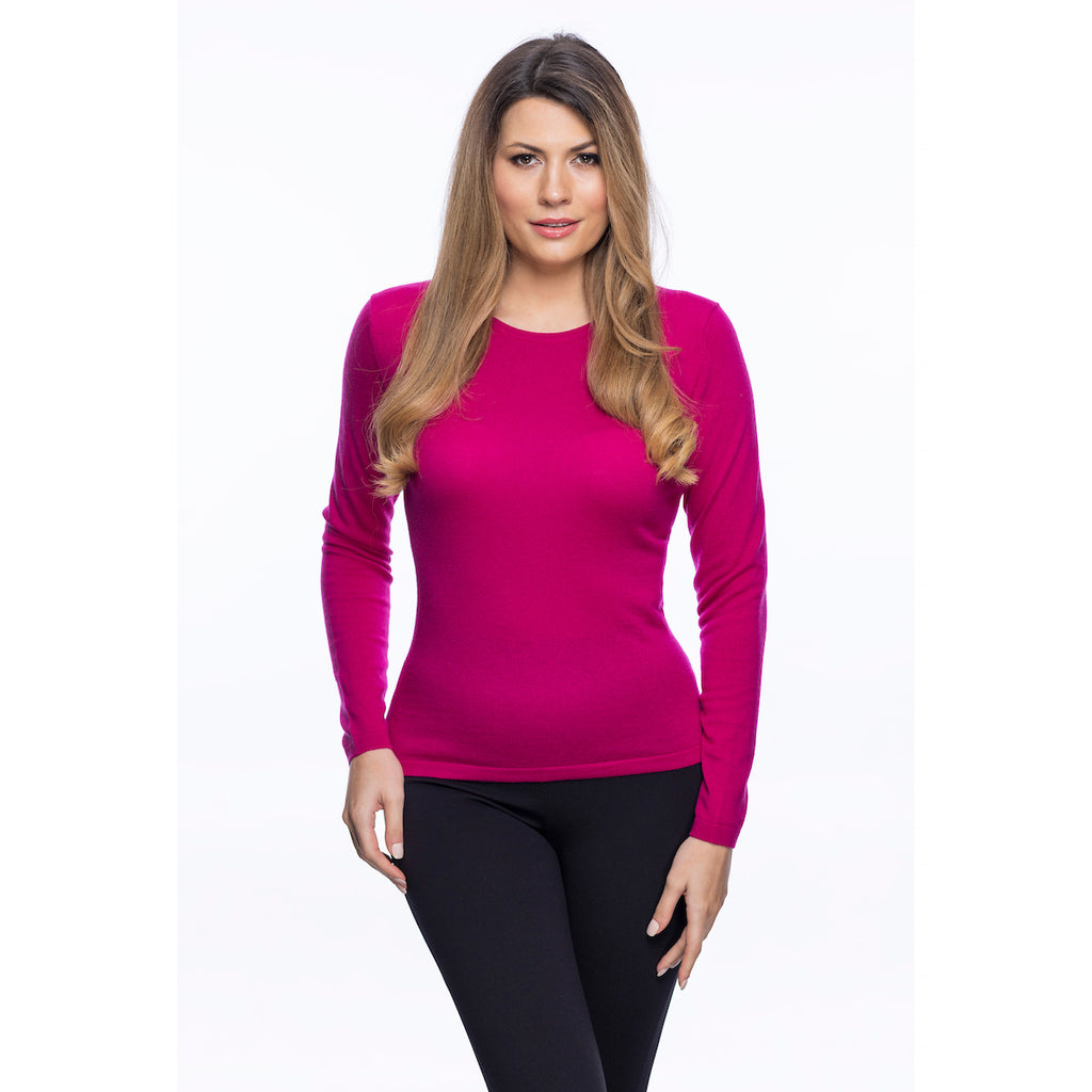 100% Merino Ladies Crew Neck Sweater Fuchsia