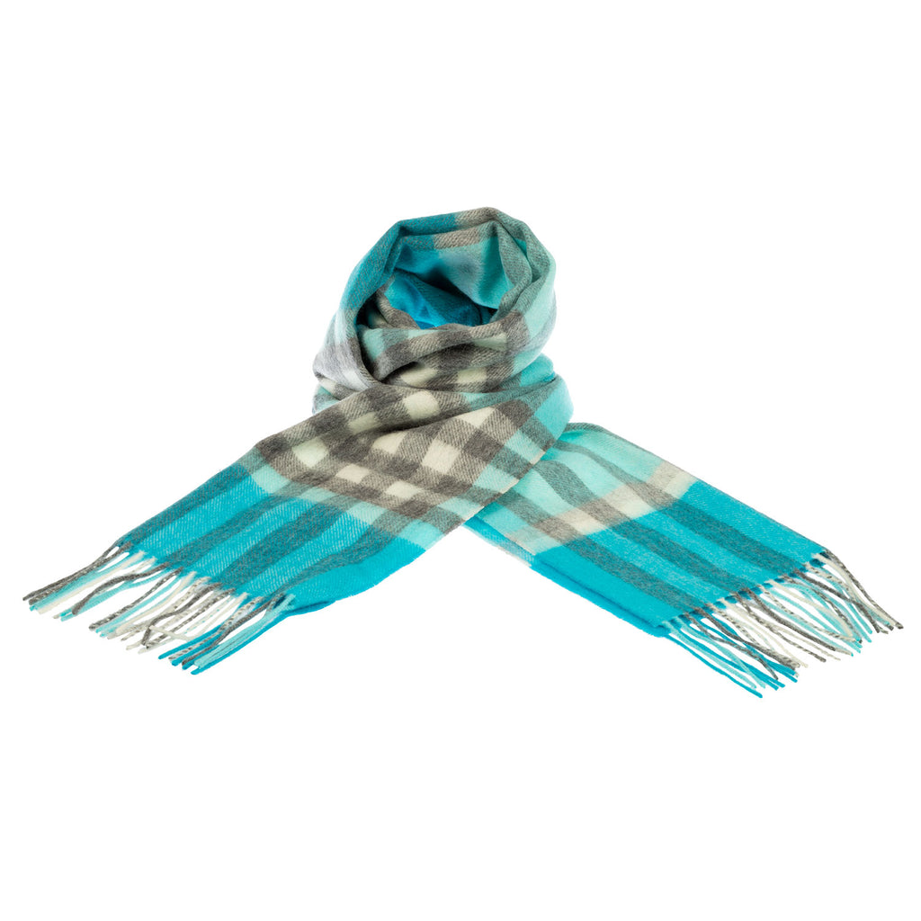 Chequer Tartan 90/10 Cashmere Scarf Bar Aqua