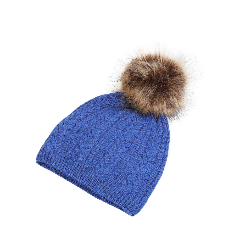 100% Cashmere Ladies Cable Rib Beanie Cornflower