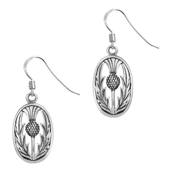 Scottish Thistle Silver Oval Drop Earrings