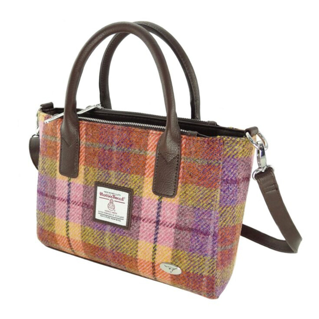 Small Tote Bag With Shoulder Strap Brora Peach/Purple Tartan