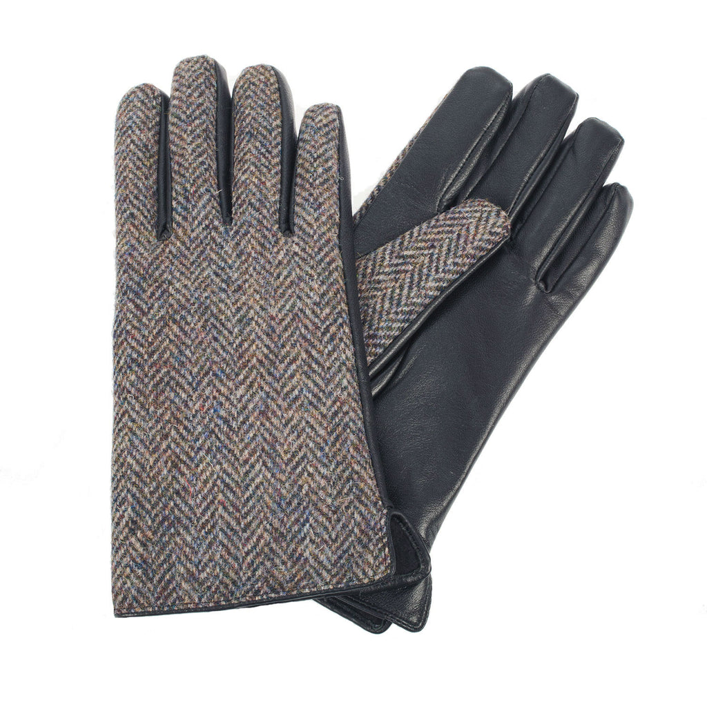Men's Harris Tweed & Black Leather Glov  Heather Herringbone