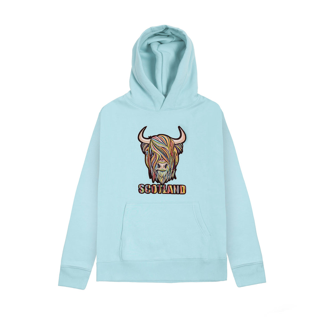 Kids Pastel Highland Cow Hooded Top Aqua